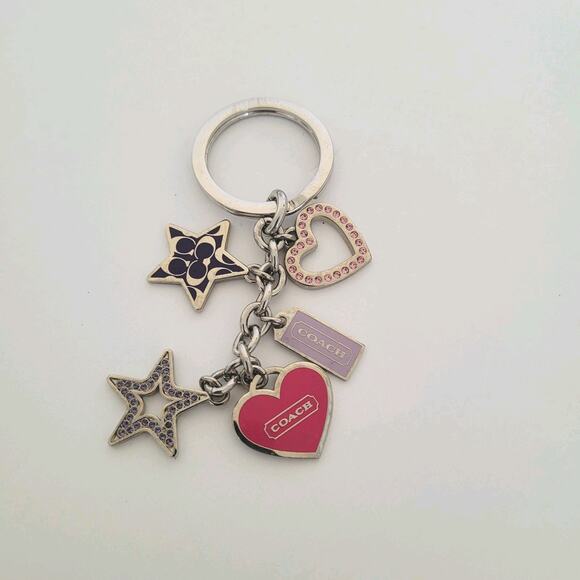 Coach Key Chain Ring Fob Ring Bag Charm Silver Keychain Hearts Stars Purple - Picture 1 of 5